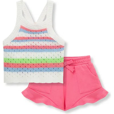Habitual Babies'  Kids Stripe Open Stitch Sweater Tank & Cotton Knit Shorts Set In Pink Multi