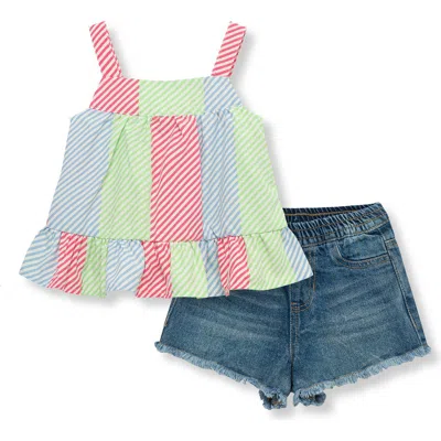 Habitual Babies'  Kids Stripe Ruffle Hem Tank & Denim Shorts Set In Multi
