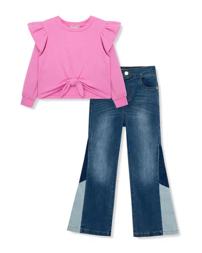 Habitual Kids' Knit Top & Patchwork Denim Set In Pink