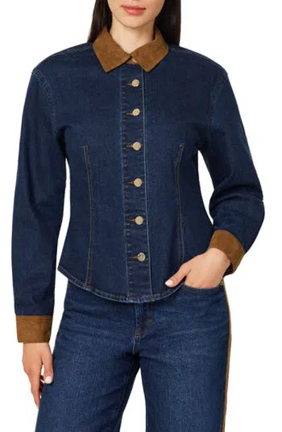 Habitual Mixed Media Cotton Blend Button Up Shirt In Blue