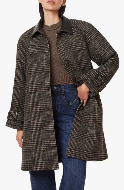 Habitual Plaid A-line Coat With Faux Leather Collar In Brown