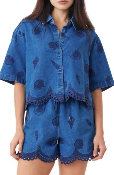 Habitual Seashell Embroidered Cropped Shirt In Blue