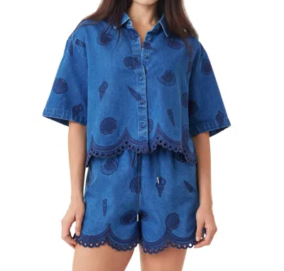 Habitual Seashell Embroidered Cropped Shirt In Blue