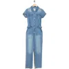 Habitual Short Sleeve Belted Denim Jumpsuit In Blue