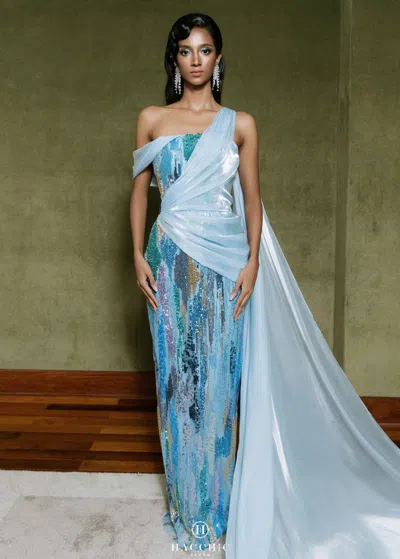 Hacchic Draped Sleeved Embellished Gown In Blue