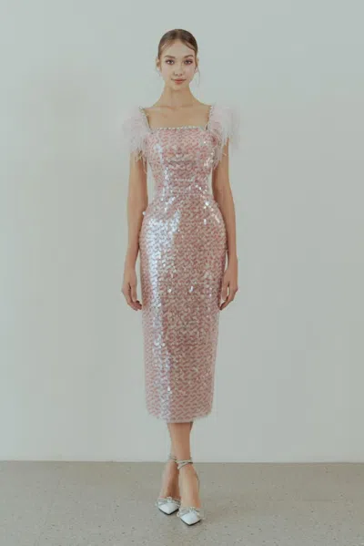 Hacchic Embellished Feather Sleeve Dress In Pink