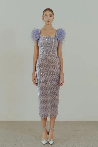 Hacchic Embellished Feather Sleeved Dress In Purple