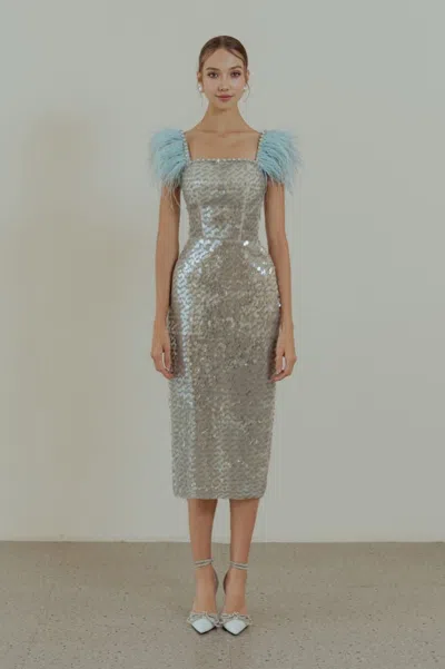 Hacchic Embellished Feather-sleeved Dress In Gray