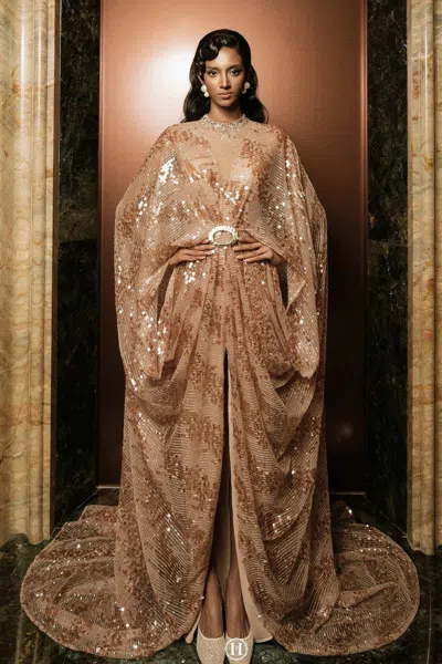 Hacchic High Neck Cape Sleeved Gown In Brown