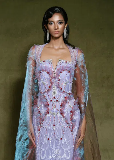 Hacchic Long Cape-sleeve Gown In Purple