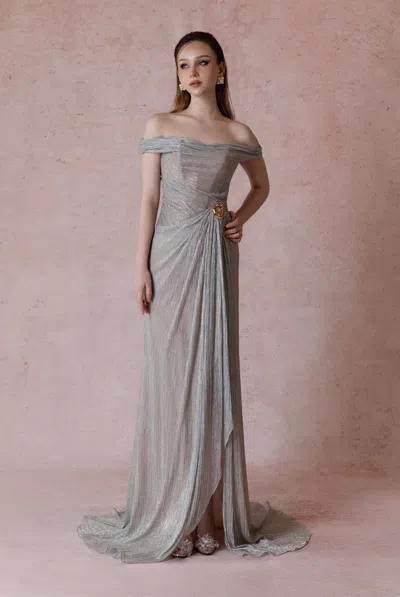 Hacchic Off-the-shoulder Slit Gown In Gray