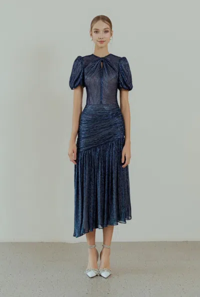 Hacchic Pleated Short Sleeved Midi Dress In Blue