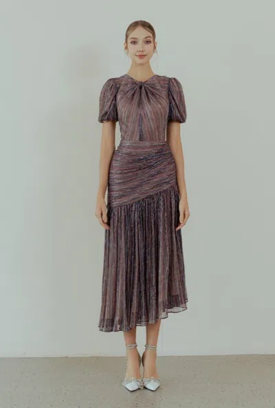 Hacchic Pleated Sleeved Midi Dress In Purple