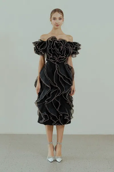 Hacchic Ruffled Midi Dress In Black