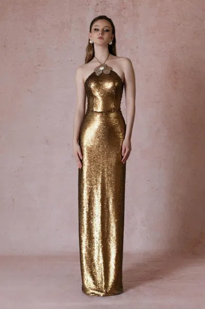 Hacchic Shimmering Halter-neck Gown In Gold