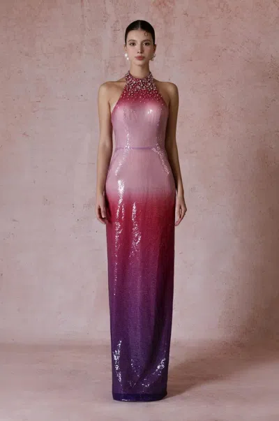Hacchic Shimmering Halter Neck Gown In Multi