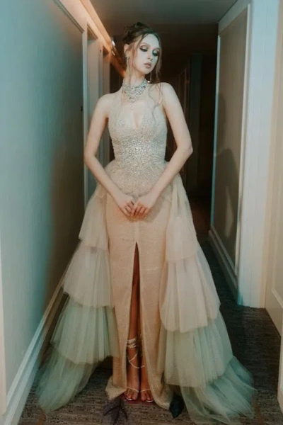 Hacchic Sleeveless Gown With Detachable Skirt In Neutral
