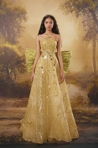 Hacchic Strapless Gown With Back Bow In Gold