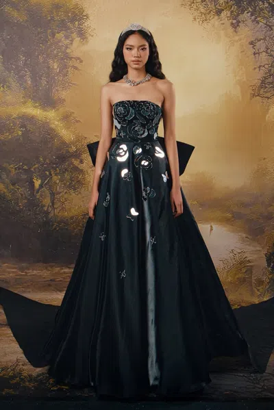 Hacchic Strapless Gown With Tails In Multi