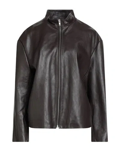 Hache Woman Jacket Chocolate Brown Size 6 Leather In Black