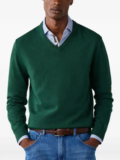 Hackett London Elbow-patch V-neck Sweater In Green