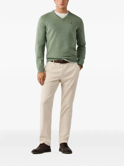 Hackett London Lambswool V-neck Sweater In Green