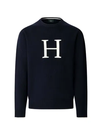 Hackett London Logo-knit Merino Wool Sweater In Blue