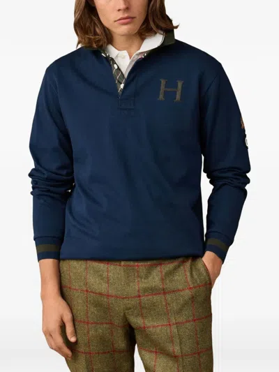 Hackett London Logo-patch Long-sleeve Polo Shirt In Blue