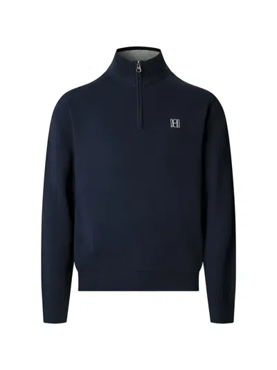 Hackett London Quarter-zip Logo-embroidered Sweater In Blue