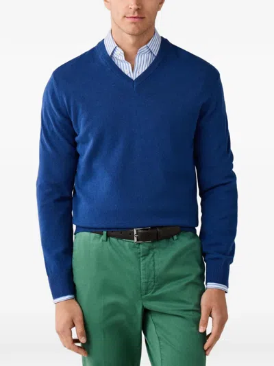 Hackett London V-neck Elbow-patch Knit In Blue