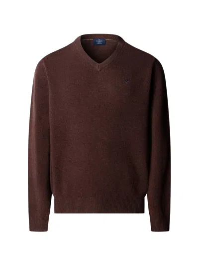 Hackett London V-neck Lambswool Sweater In Brown