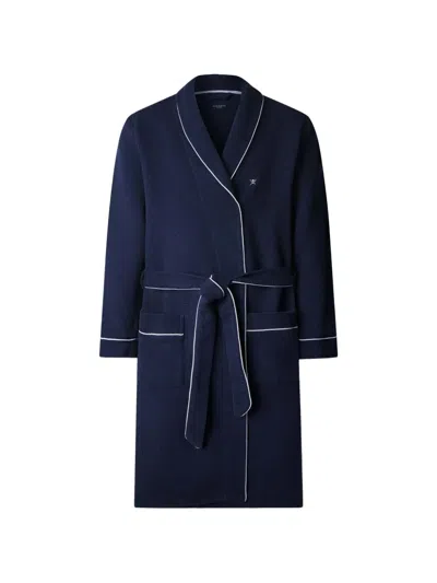 Hackett London Waffle-weave Embroidered Dressing Gown In Blue
