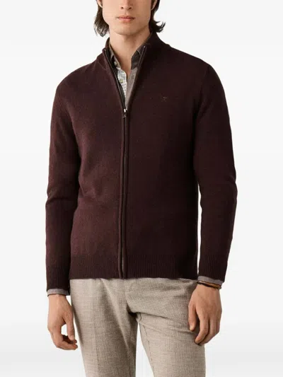 Hackett London Zip-up Lambswool Cardigan In Brown