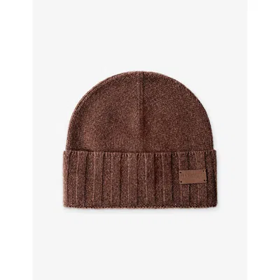 Hackett Mens Brand-patch Cashmere Beanie Hat Ebony Brown