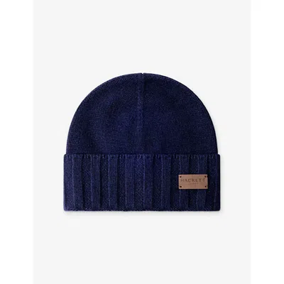 Hackett Mens Brand-patch Cashmere Beanie Hat Midnight Blu In Midnight Blue