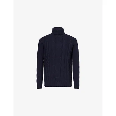 Hackett Mens Midnight Blue Turtle-neck Cable Wool-and-cashmere Knit Jumper Xl