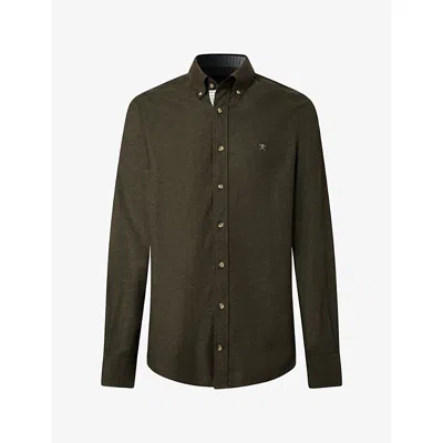 Hackett Mens Logo-embroidered Checked-trim Cotton-flannel Shirt Hunter Green