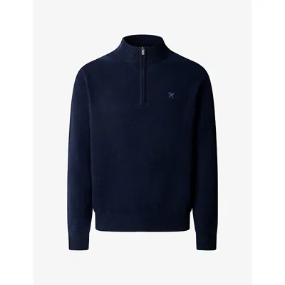 Hackett Mens Logo-embroidered Elbow-patch Wool Jumper Old Navy In Blue