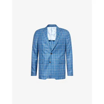 Hackett Mens Tattersall Checked Wool-blend Blazer Pacific Blue