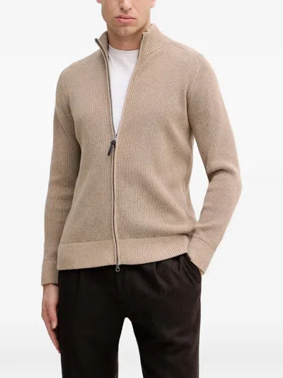 Hackett Ribbed Zip Cardigan In Brown