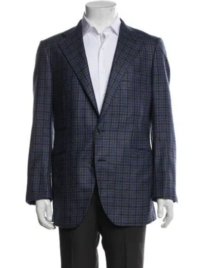 Pre-owned Hadleigh's Cashmere Plaid Print Sport Coat In Blue