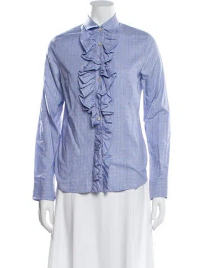 Pre-owned Hadleigh's Plaid Print Long Sleeve Blouse In Blue