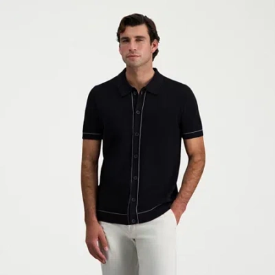 Haggar Button Front Mens Short Sleeve Button Polo Sweater In Black