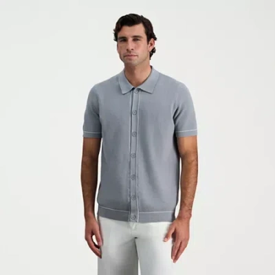 Haggar Button Front Mens Short Sleeve Button Polo Sweater In Gray