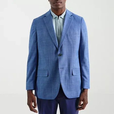 Haggar Jmh Tailored Plaid Mens Windowpane Stretch Fabric Modern Fit Sport Coat In Blue