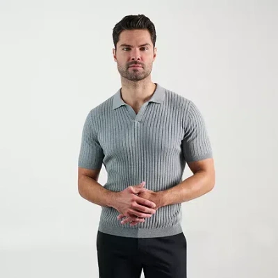 Haggar Johnny Collar Ribbed Mens Short Sleeve Polo Sweater In Gray