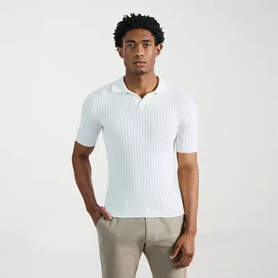 Haggar Johnny Collar Ribbed Mens Short Sleeve Polo Sweater In White