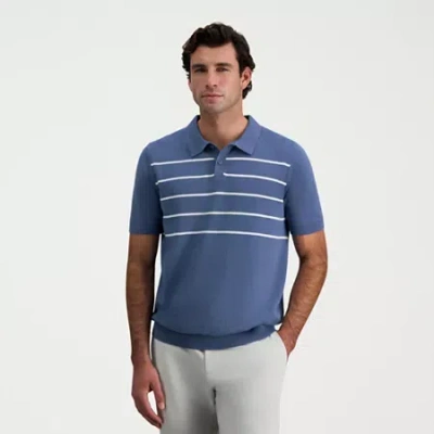 Haggar Linen Blend Retro Stripe Mens Short Sleeve Button Polo Sweater In Blue