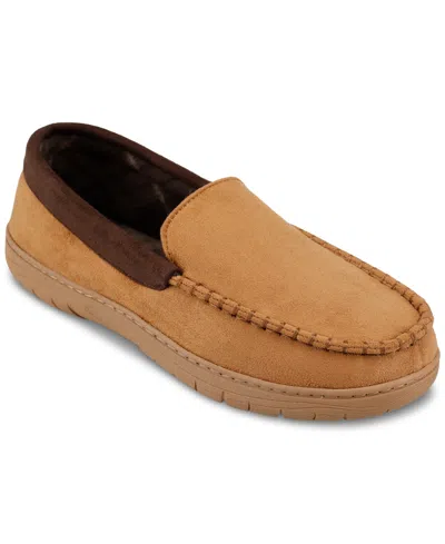 Haggar Men's Indoor/outdoor Microsuede Venetian Slipper With Plaid Fleece Lining In Tan
