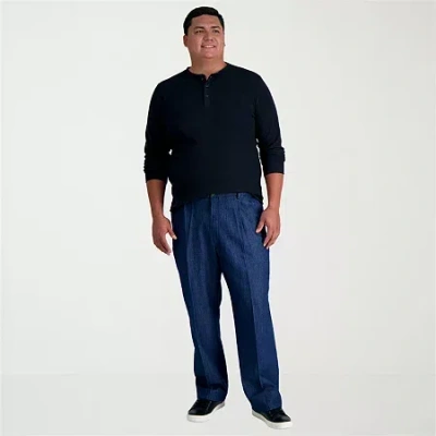 Haggar Stretch Denim Mens Classic Fit Big And Tall Pleated Pant In Blue